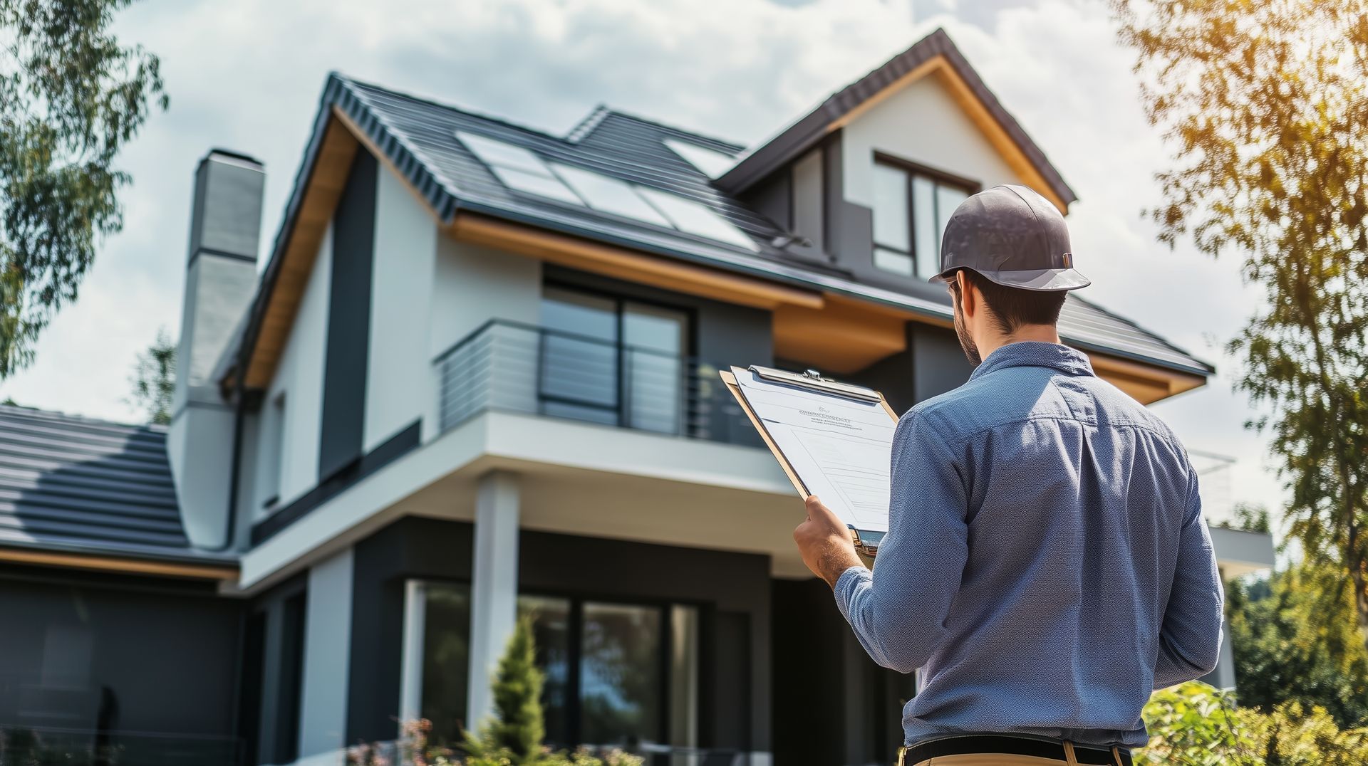Home inspector taking notes outside a modern two-story house