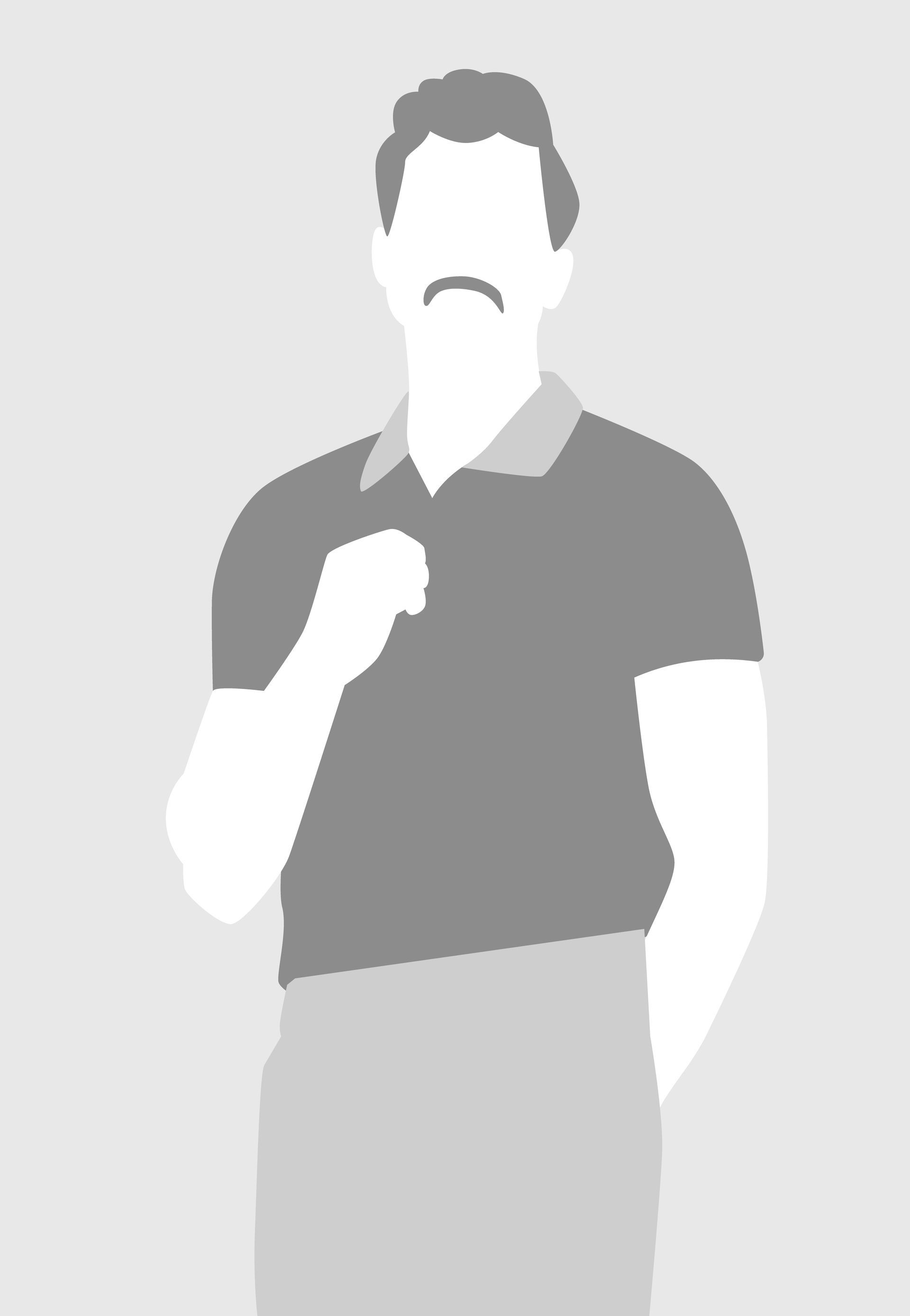 Stylized gray figure holding a hand near the chest on a plain light background