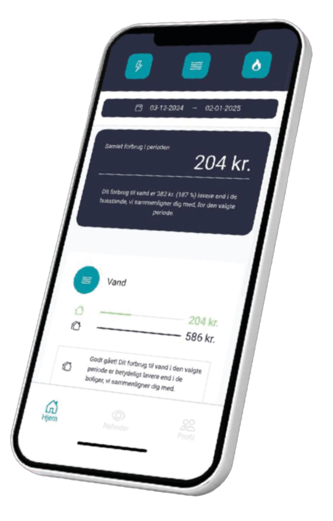 Tilted smartphone showing a banking app dashboard with balance and transaction cards on a white screen