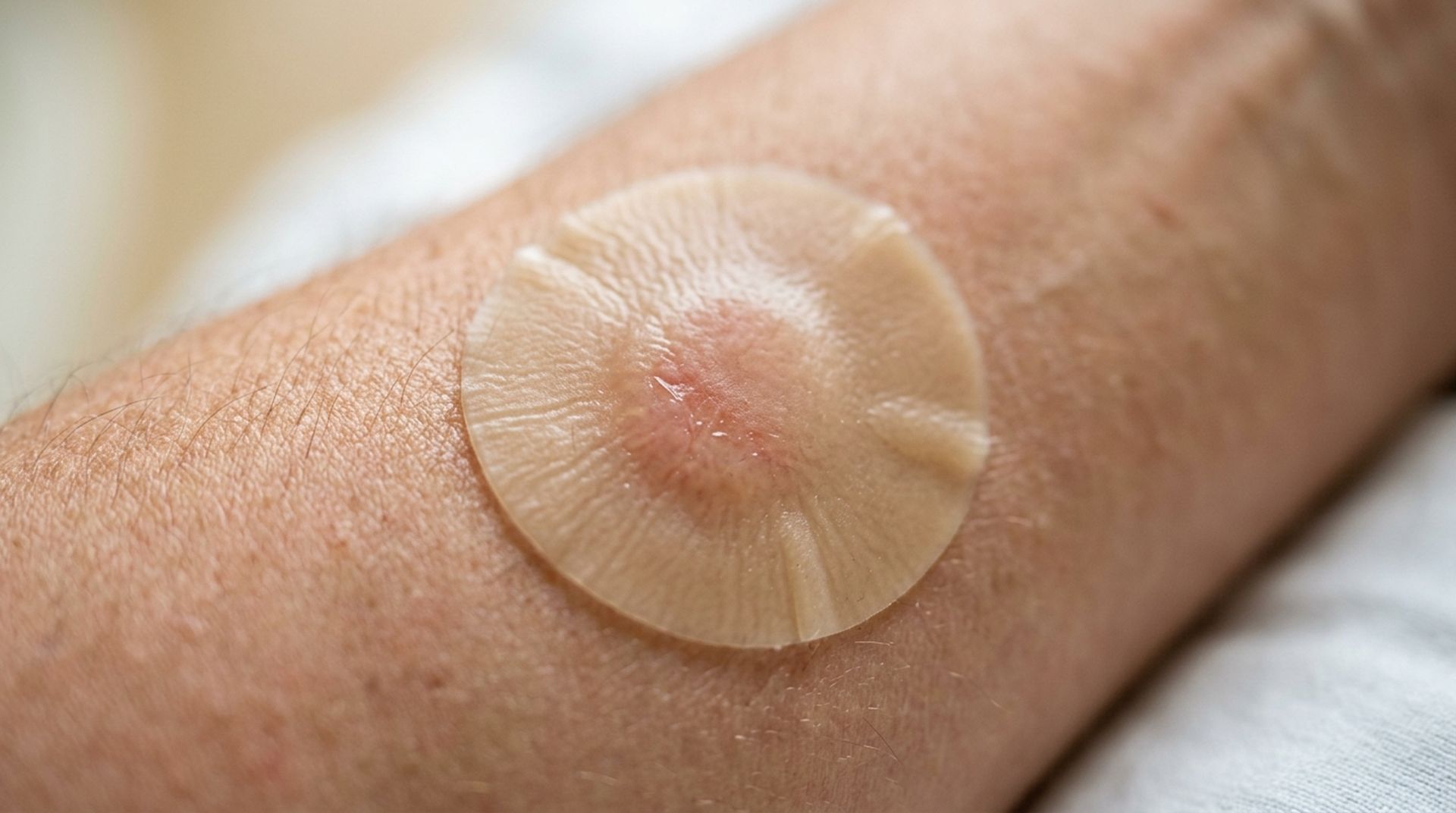 Transparent round bandage on a person's forearm over a small skin bump.