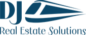 Un logotipo azul y blanco para DJ Real Estate Solutions.
