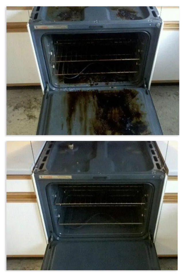 A before and after picture of a dirty oven.