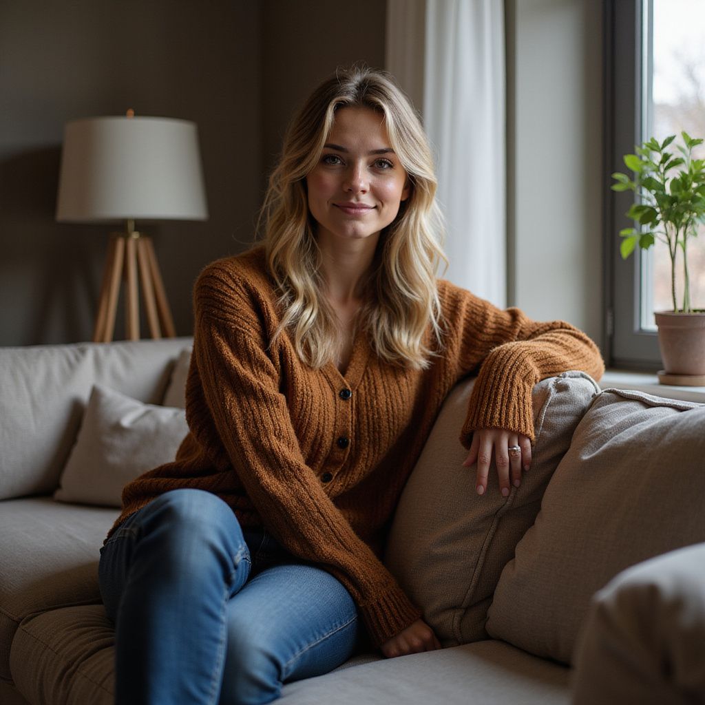 Eine Frau in einem braunen Pullover sitzt auf einem Sofa in einem gemütlichen Wohnzimmer und lächelt in die Kamera.