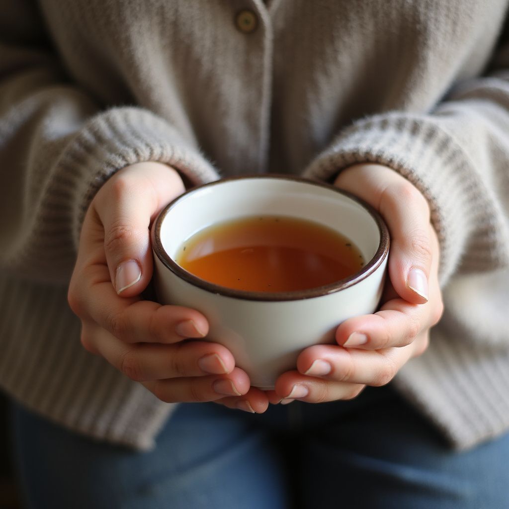 Hände umfassen eine weiße Tasse Tee, er trägt einen beigen Pullover und Jeans.