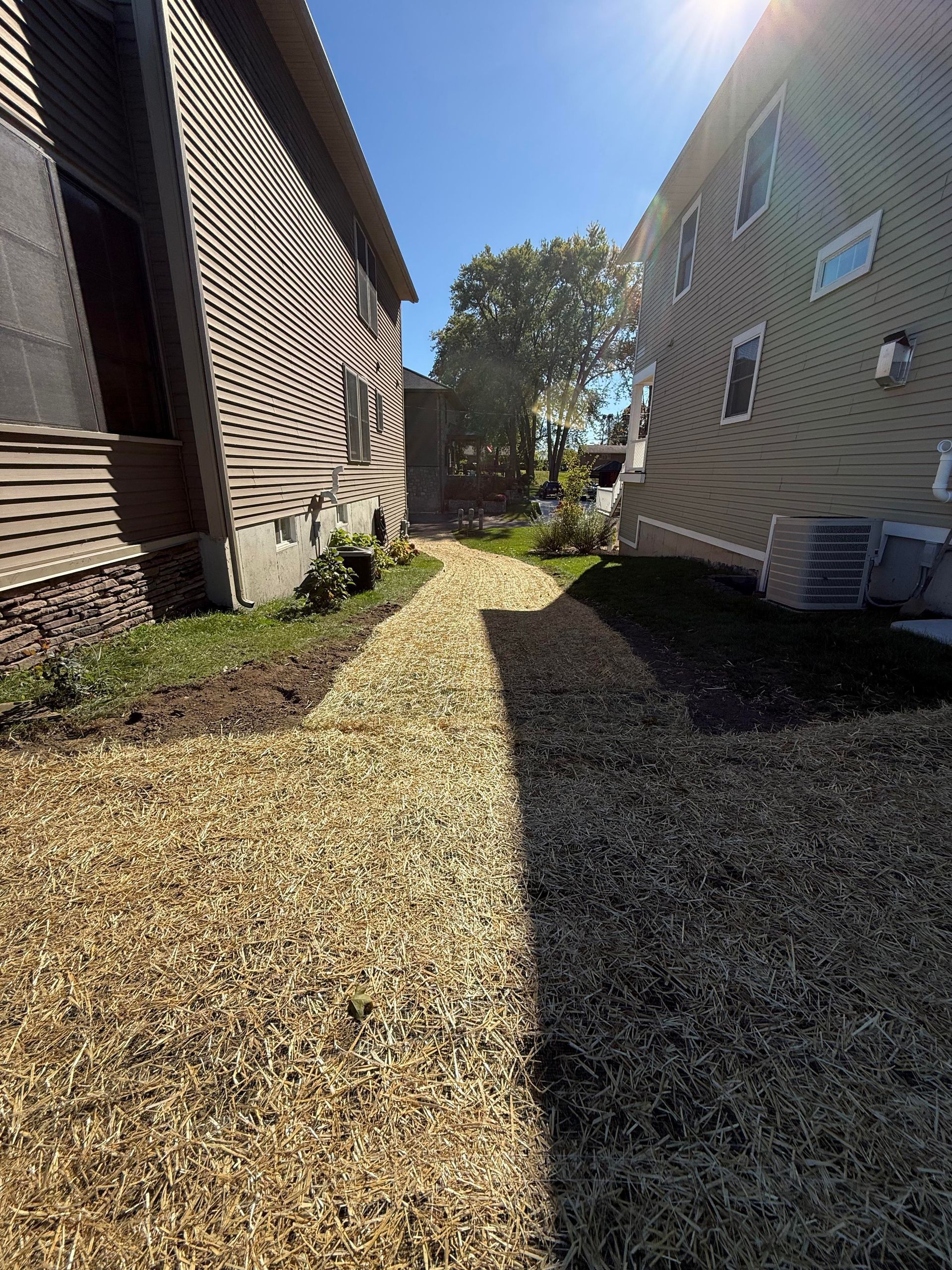 Narrow path between two buildings, one shaded and one sunny, made of wood chips.