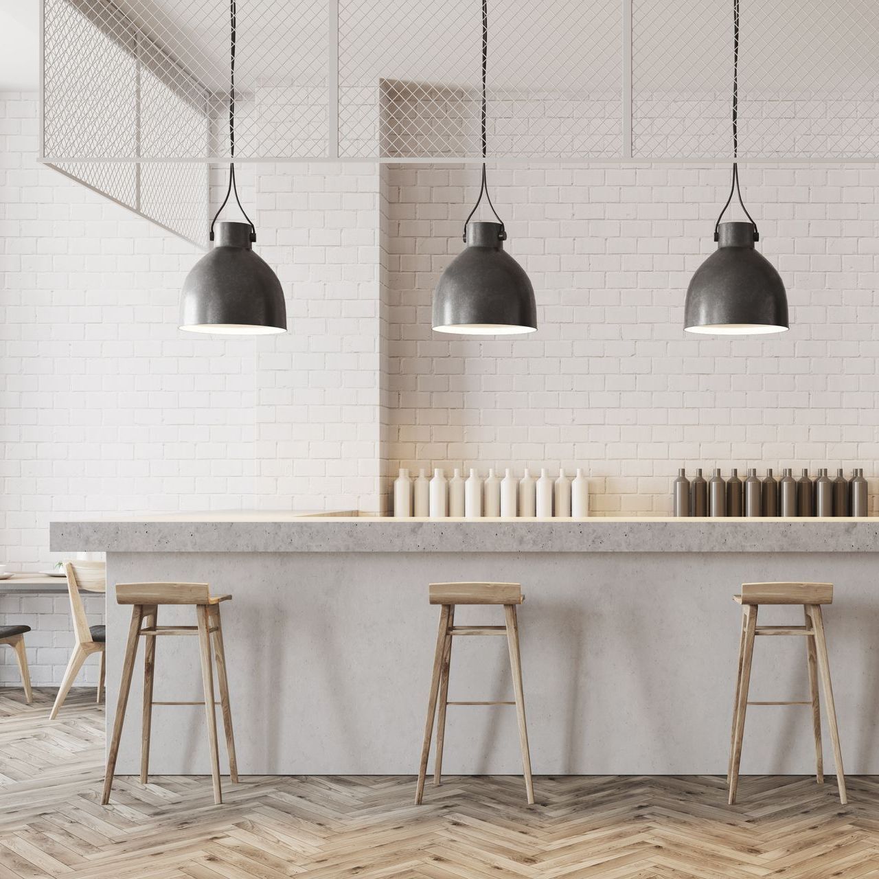 White wall bar interior with a wooden floor, a stone bar and wooden stools near it. 3d rendering mock up.