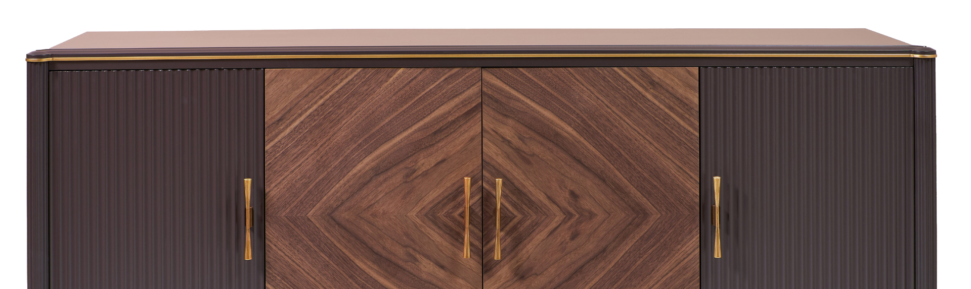 chest of drawers with veneer and painted wood trim in a modern classic style on a white background