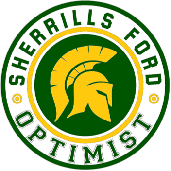 Sherrills Ford Optimist green-and-white circular logo with a gold Spartan helmet center emblem