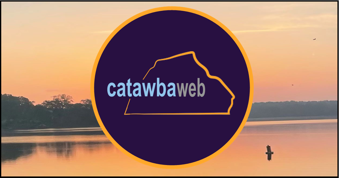 CatawbaWeb logo in a purple circle over a sunset lake scene with a distant person in the water