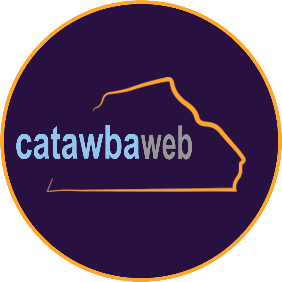 Catawbaweb logo with blue text and an orange outline of North Carolina on a dark purple circle.