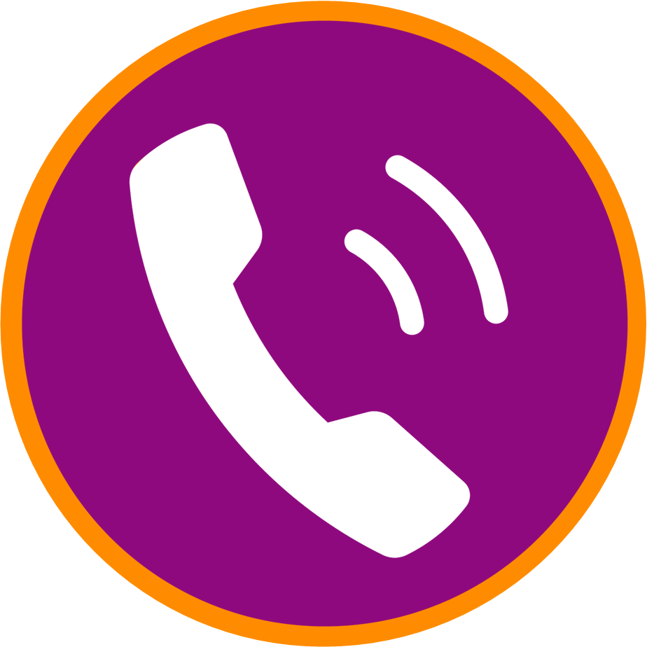 Purple circle with white phone handset and call signal lines, outlined in orange.