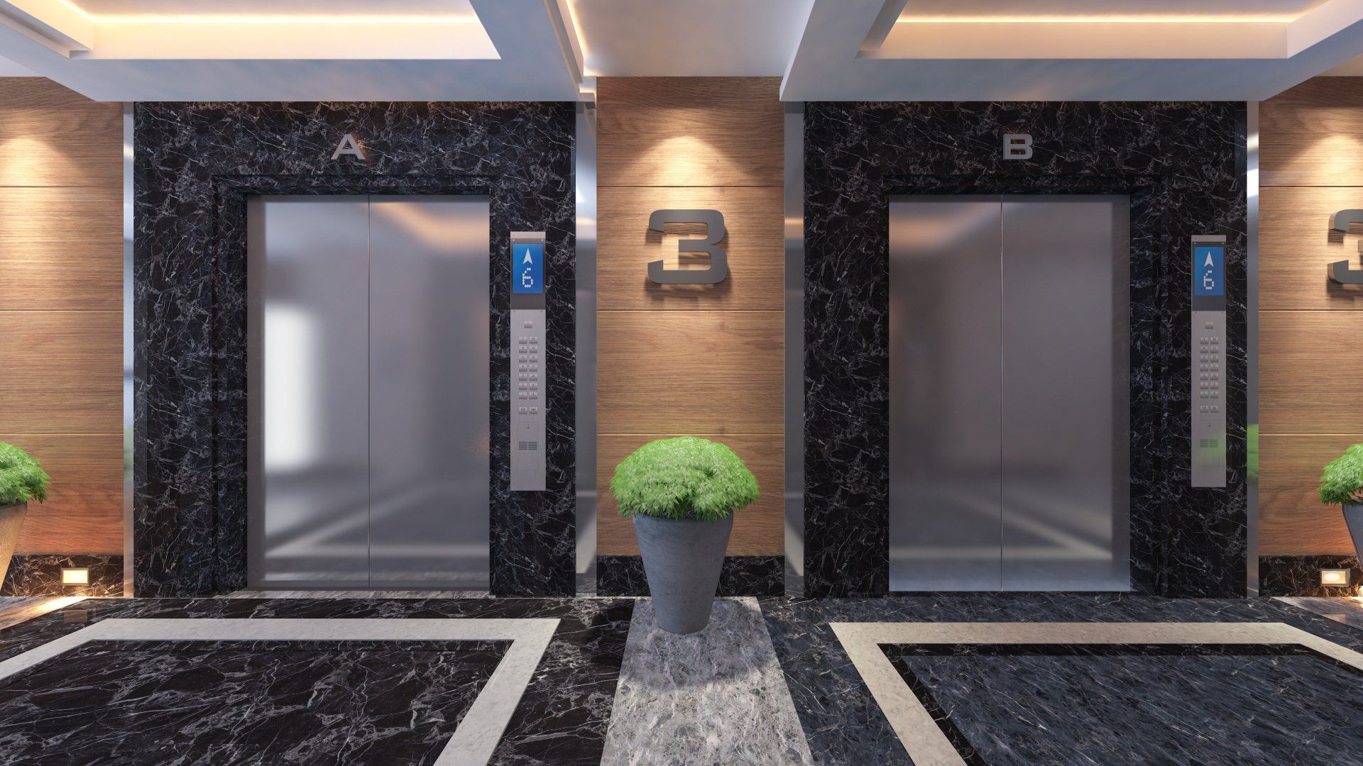 Elevator lobby with three closed elevator doors (A, B, C). Marble floors and walls with a plant in a decorative pot.