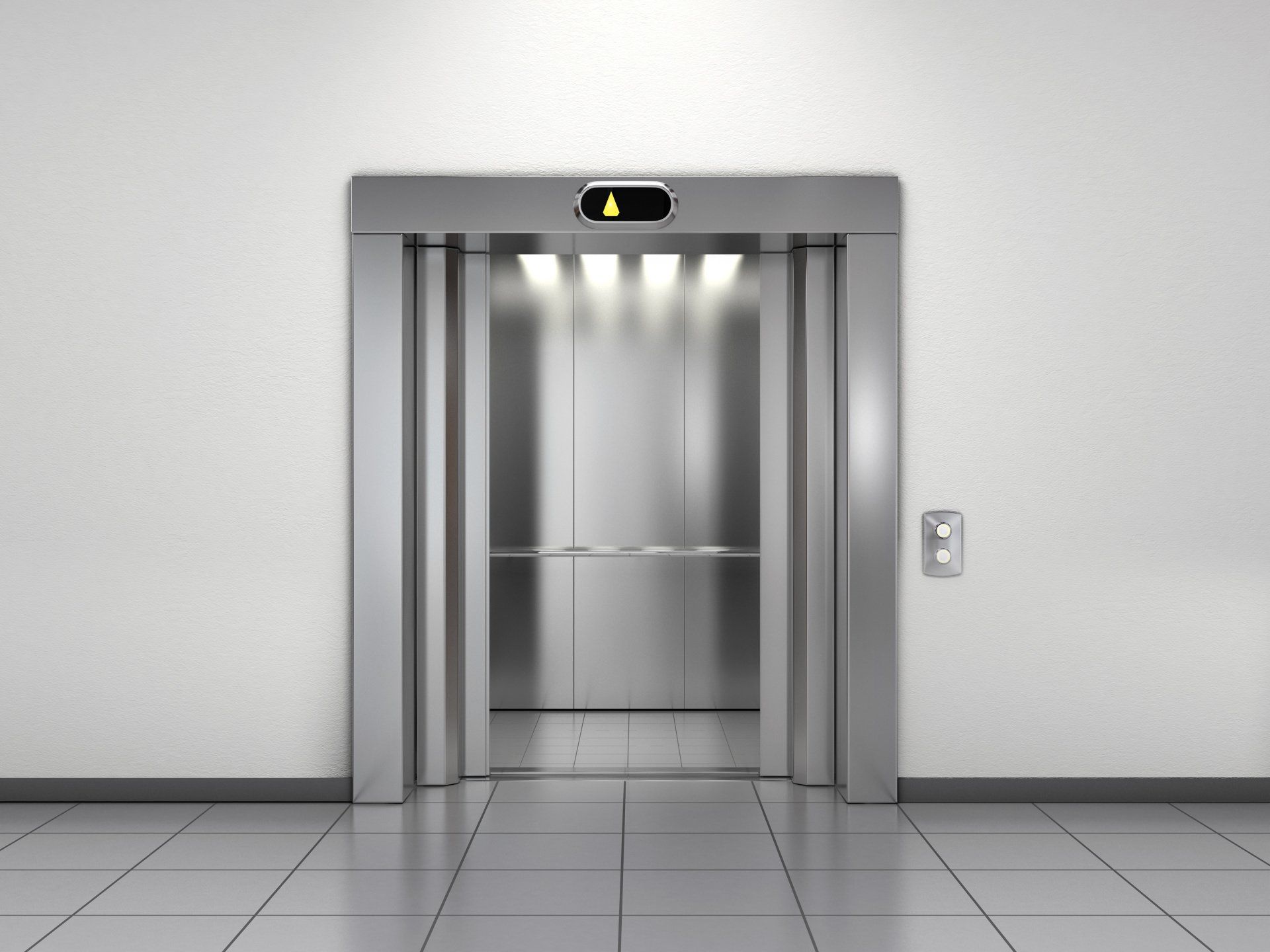 Elevator with open doors, silver metal, in a white-walled room, indicator lights showing upward direction.
