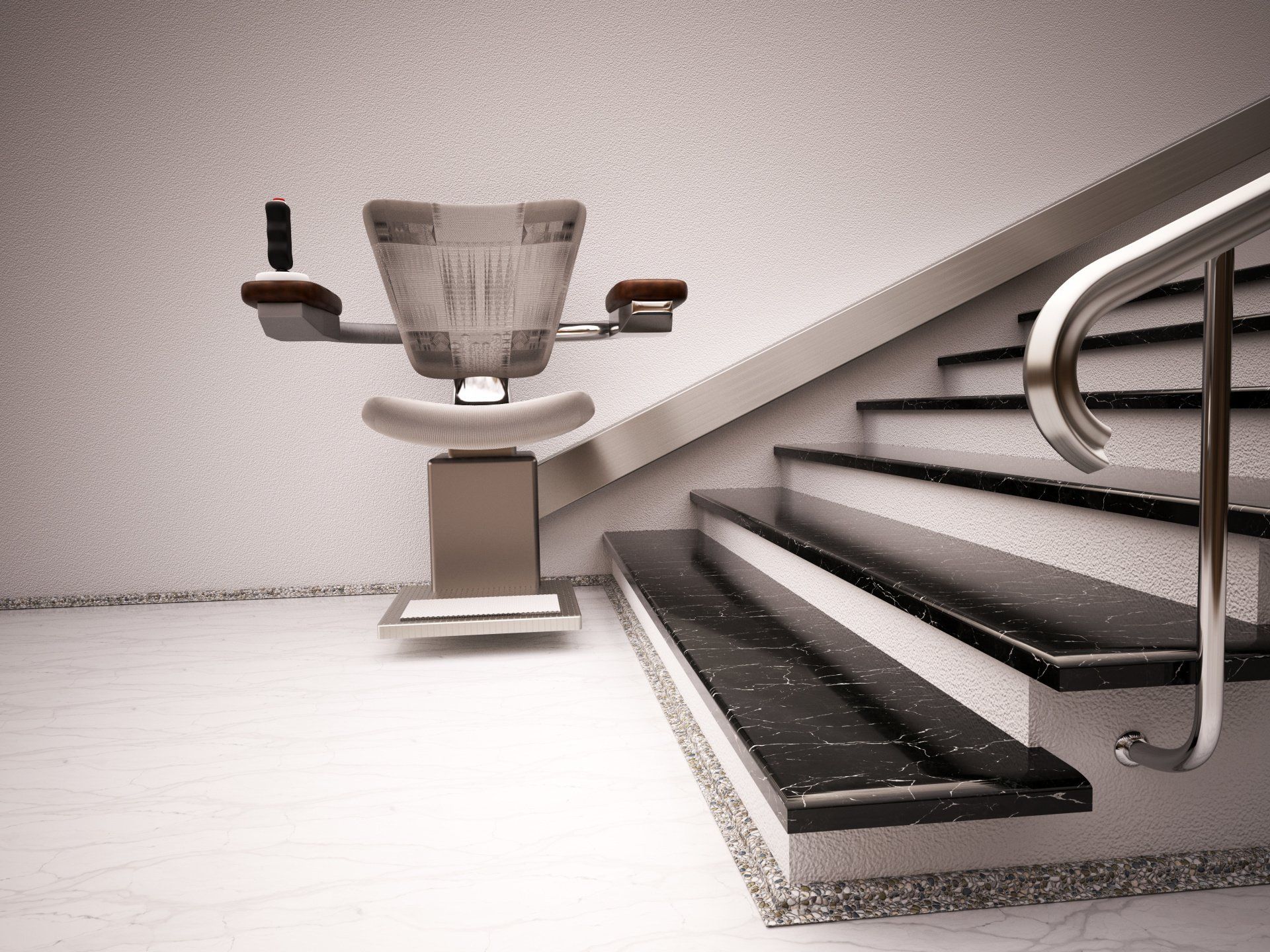 Stairlift on a staircase with a handrail. The chair is neutral-toned, the stairs are black and white, and the walls are white.