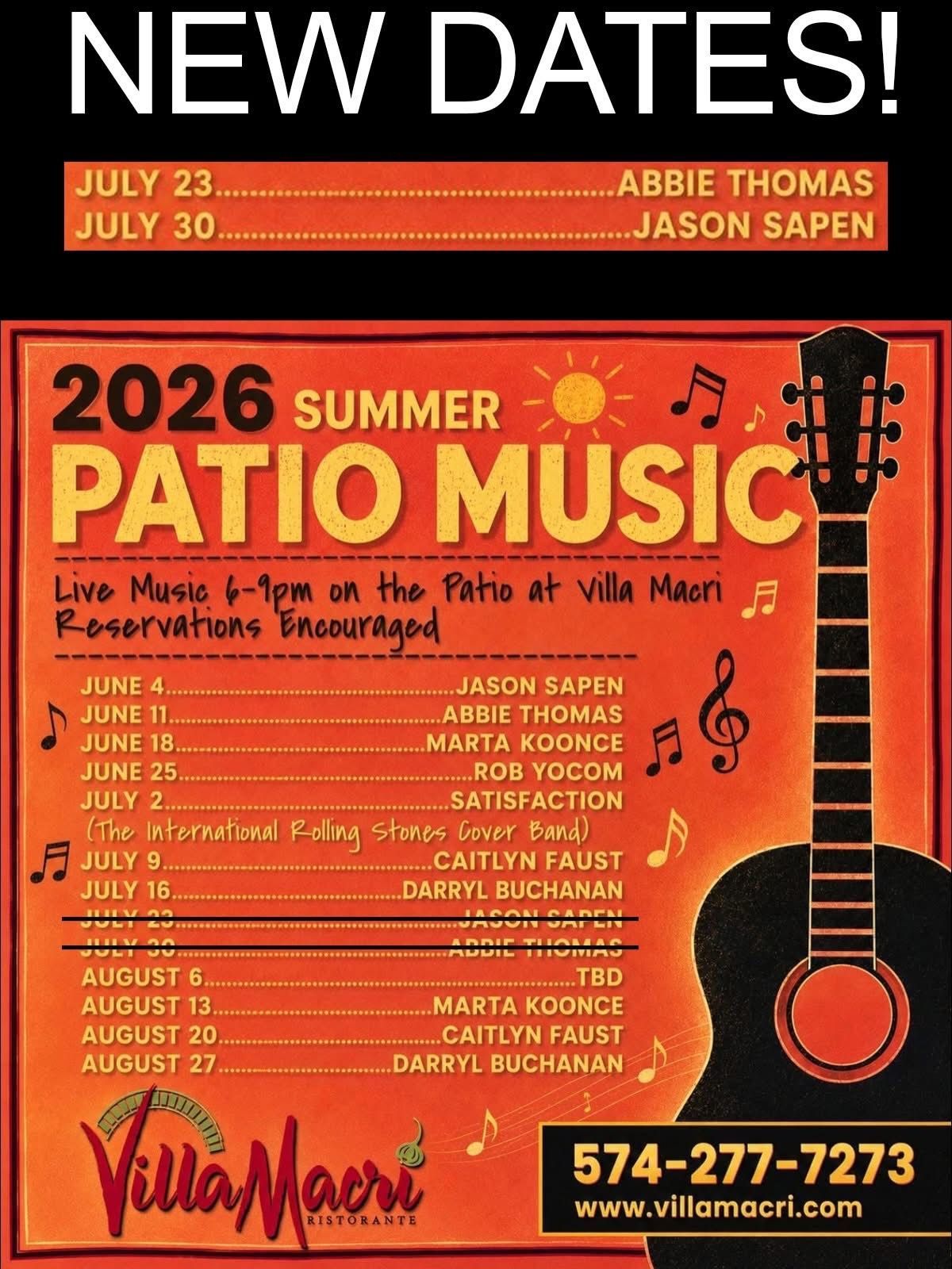 2026 Summer Patio Music
6pm - 9pm