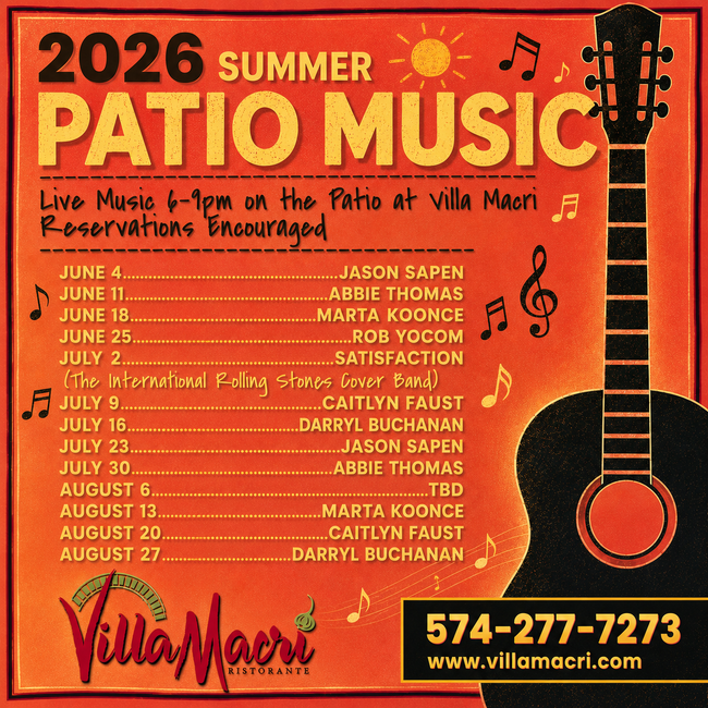 2026 Summer Patio Music - Live Music 6-9pm at the Patio at Villa Macri