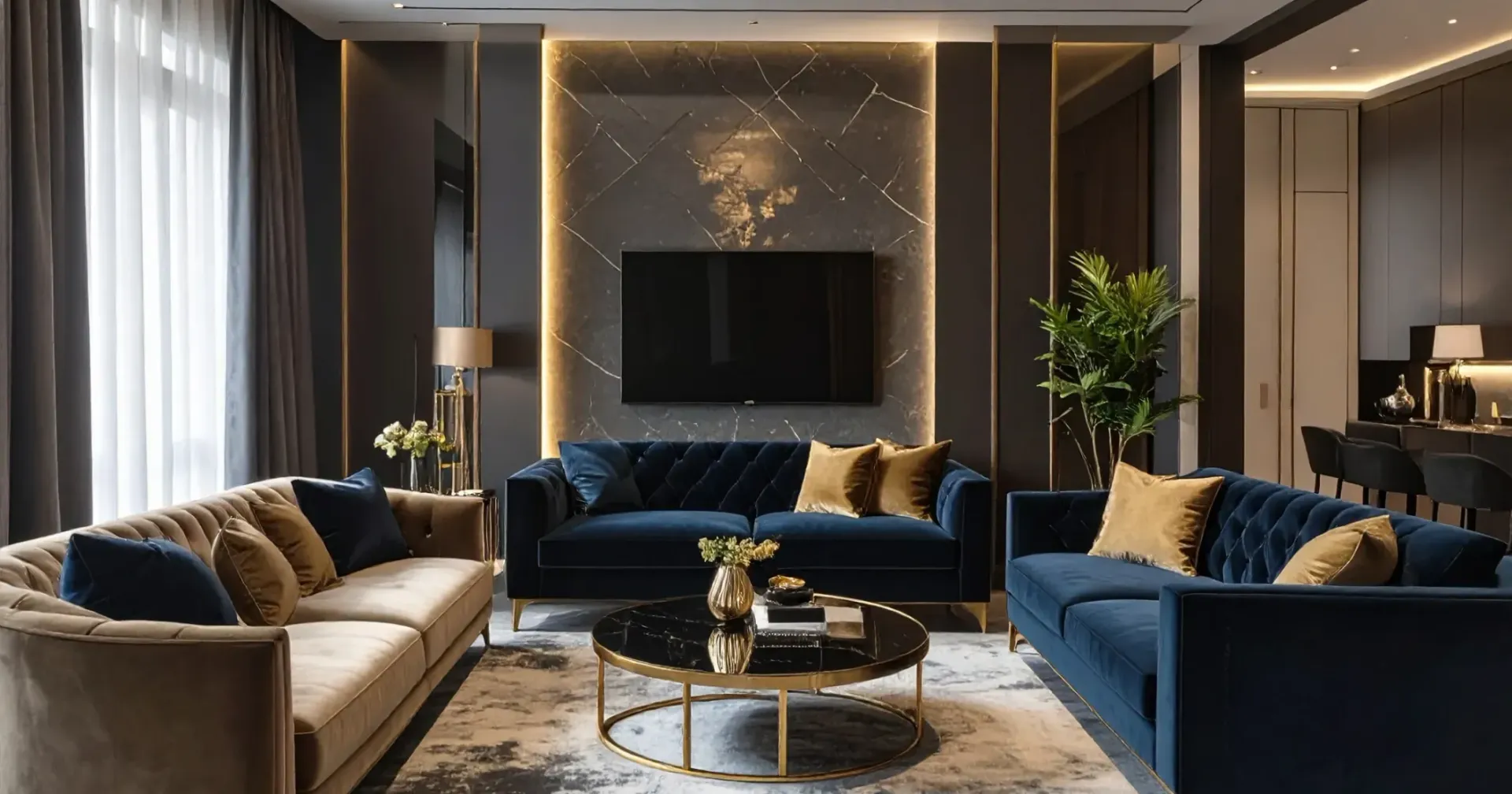 Modern living room with blue and beige sofas, gold accents, and a wall-mounted TV