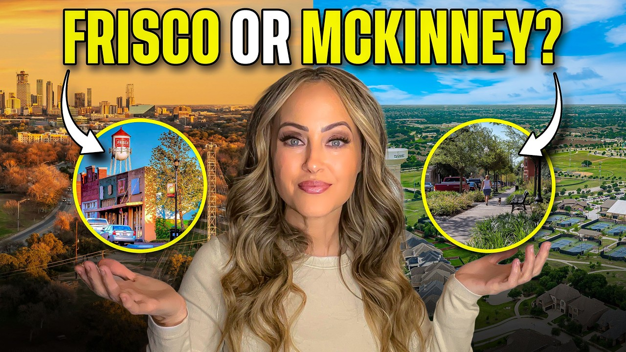 Woman between two circular city scenes with text “FRISCO OR MCKINNEY?” above her.