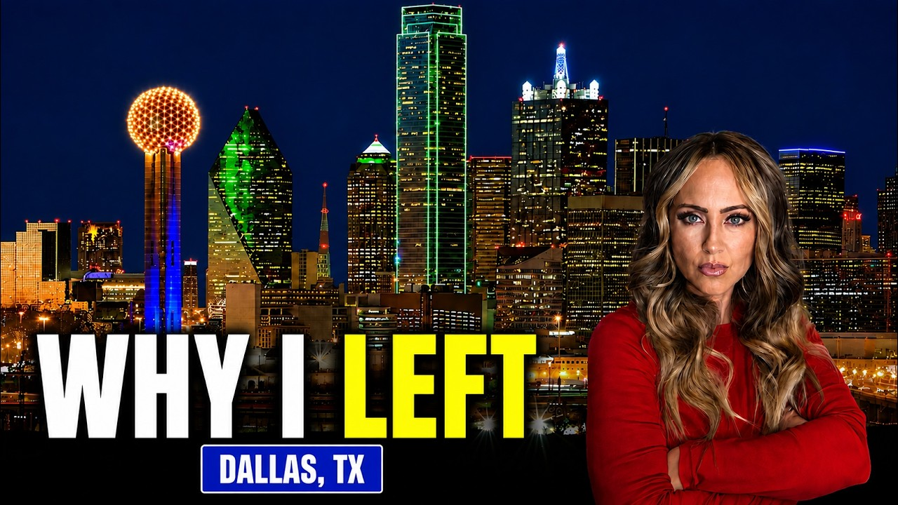 Dallas skyline with bold text “WHY I LEFT” and a woman in a red top on the right.