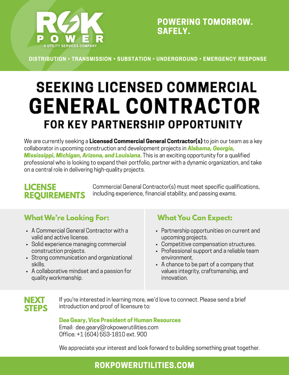 Flyer announcing RokPower and CarterBrothers’ call for licensed commercial general contractors to join utility infrastructure projects across multiple U.S. states.