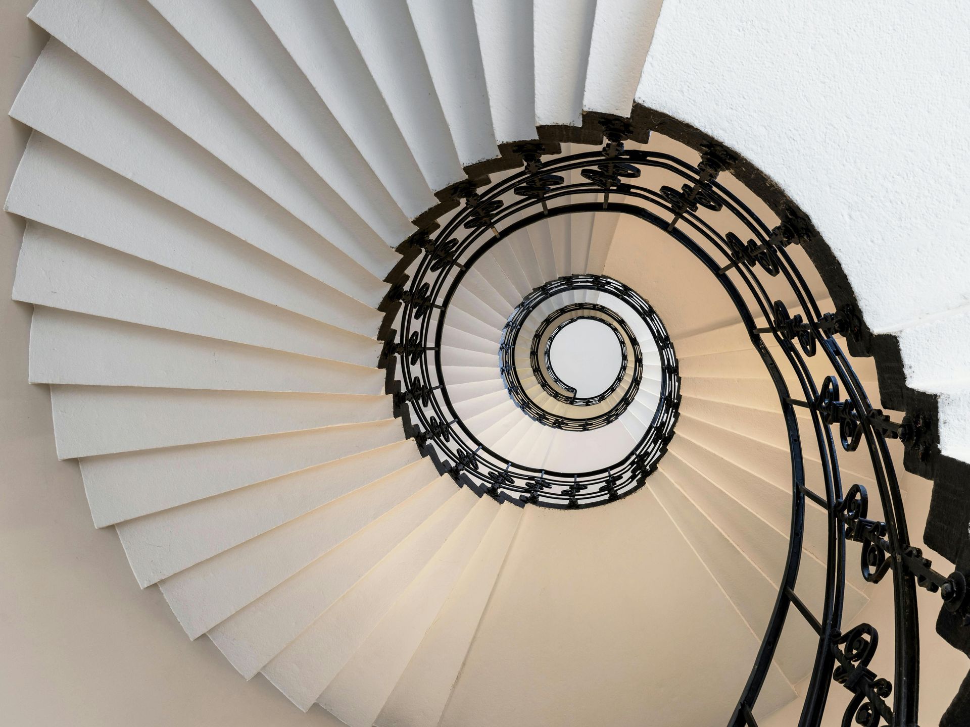 A spiral staircase with white steps and a black railing