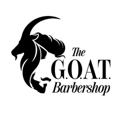 Black and white logo of a goat silhouette with a human beard, labeled "The G.O.A.T. Barbershop."