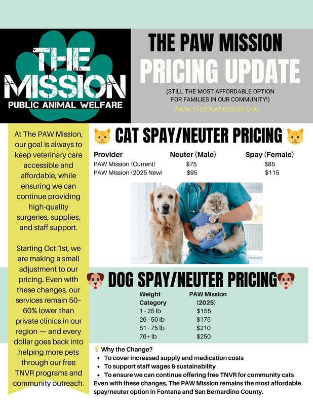 The Paw Mission pricing update flyer with cat and dog spay/neuter rates and a vet image