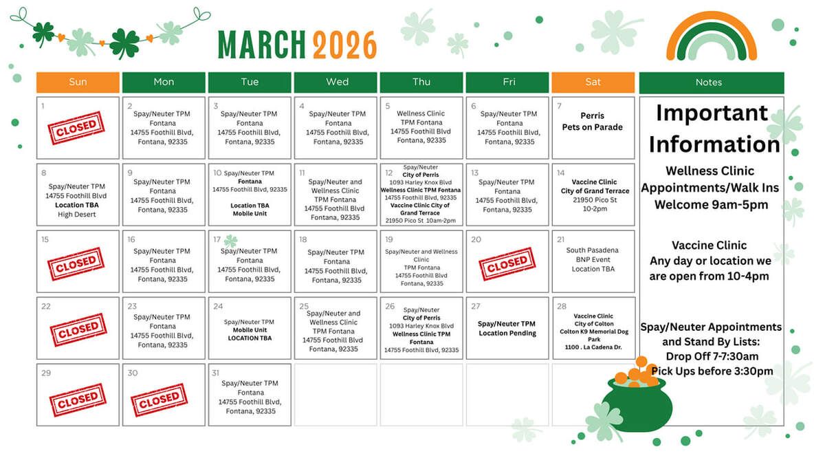 March 2026 school calendar with green shamrocks, rainbow, and important information box