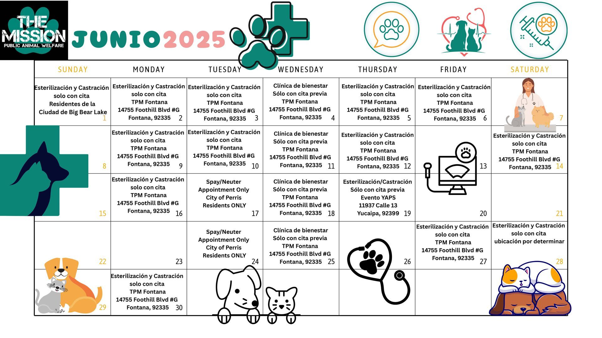 June 2025 mission calendar poster with weekly grid, teal accents, and cartoon wellness illustrations