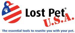 Lost Pet U.S.A. logo with a red, white, and blue pet-shaped emblem and tagline about reuniting with your pet