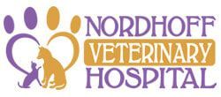 Nordhoff Veterinary Hospital logo in purple and gold with paw print and dog and cat silhouettes