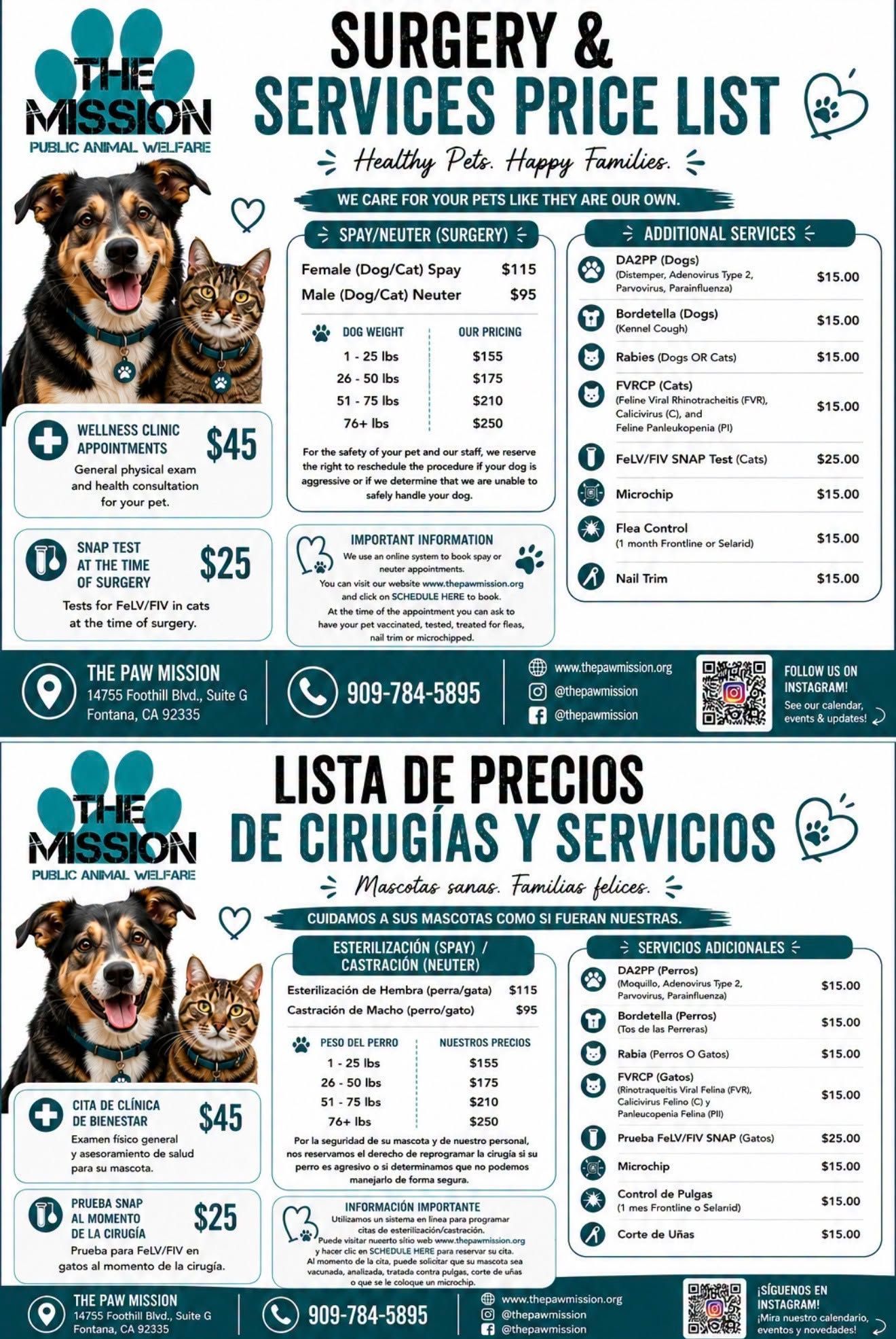 Mission Surgery & Services price list flyer in English and Spanish, teal and white, with dog photos and service prices.