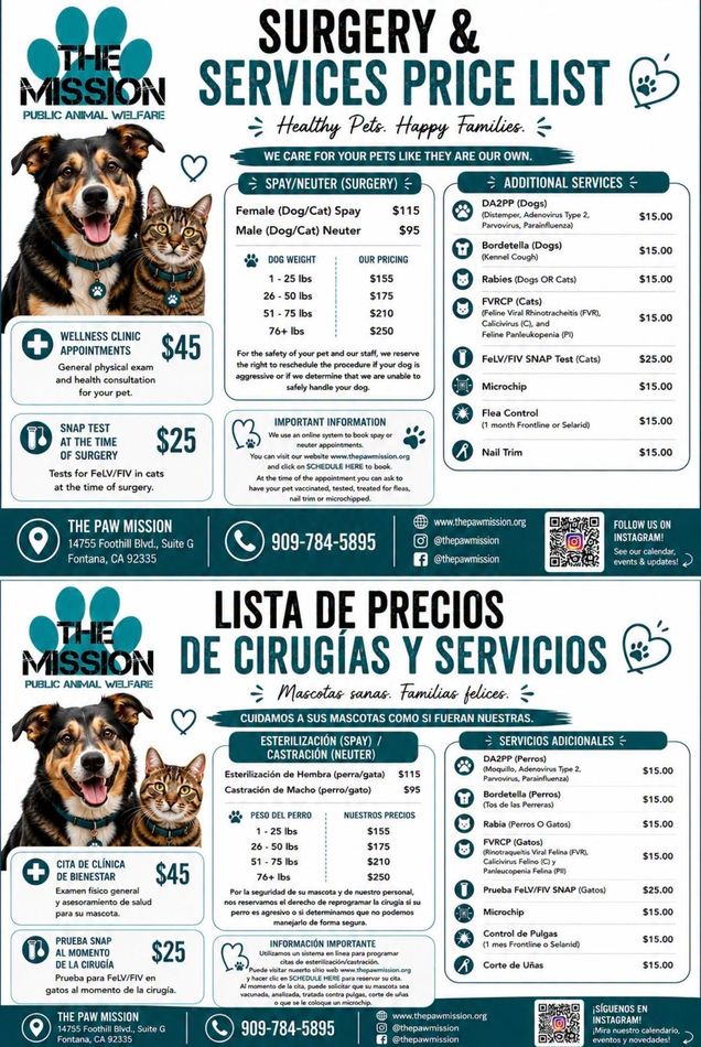 Mission Surgery & Services price list flyer in English and Spanish, teal and white, with dog photos and service prices.