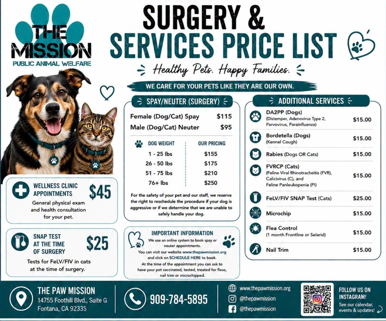 Pet surgery and services price list flyer with dog, teal and white layout, smiling pet photos, contact info.