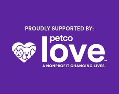 Purple sponsor banner reading “Proudly supported by Petco Love” with a heart logo and “A nonprofit changing lives.”