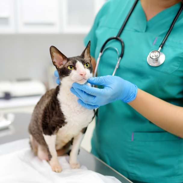 Veterinarian in teal scrubs holding a small brown-and-white cat in a clinic