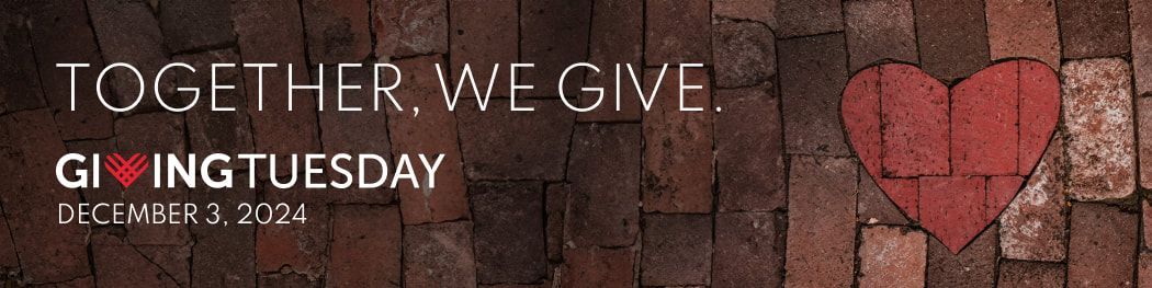 “Together, we give” Giving Tuesday banner with red heart graphics and a dark background.