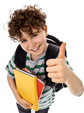 Smiling kid carrying bag and books showing thumbs up gesture