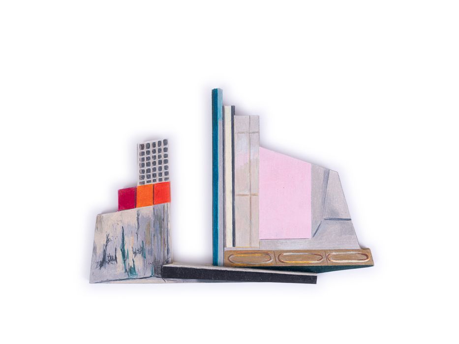 Abstract kunstwerk met geometrische vormen, waaronder een roze rechthoek en een blauwe verticale lijn.