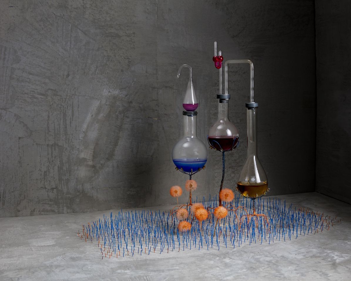 Laboratoriumkolven met gekleurde vloeistoffen boven een oranje en blauwe structuur tegen een grijze muur.