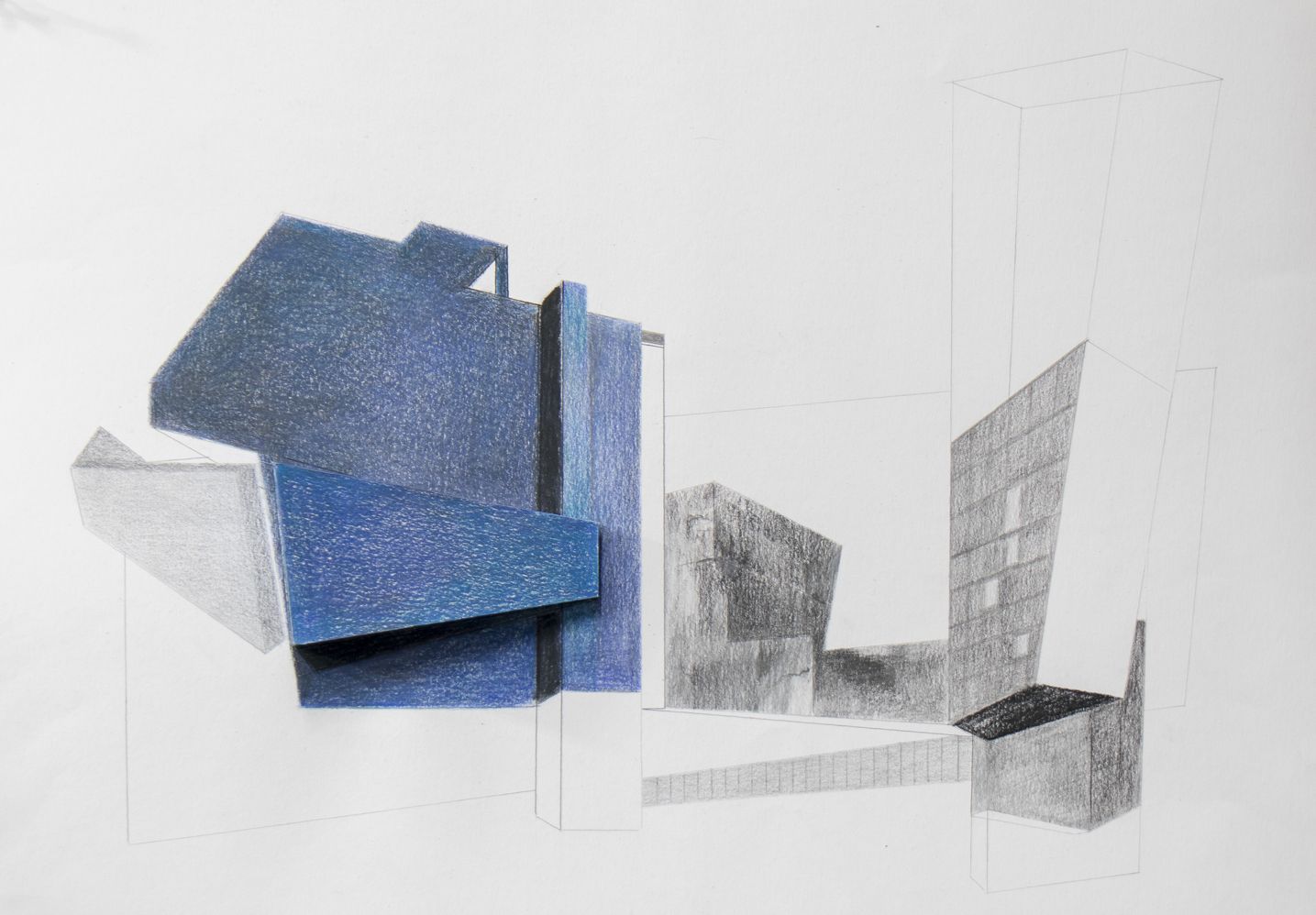 Blauwe en grijze geometrische architectuurtekening met een zwevende blauwe structuur.