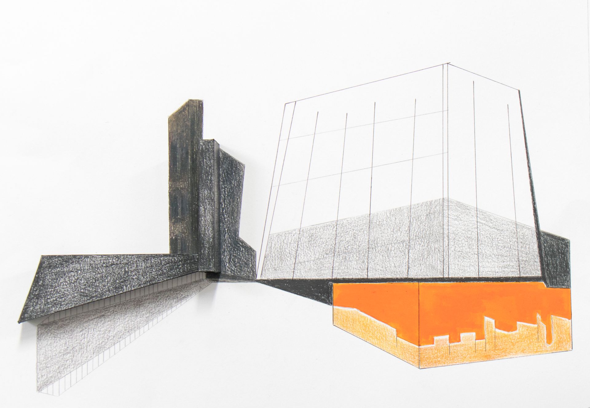 Abstract geometrisch kunstwerk: donkergrijze structuren, een transparante kooi en een oranje basis, alles op een witte achtergrond.