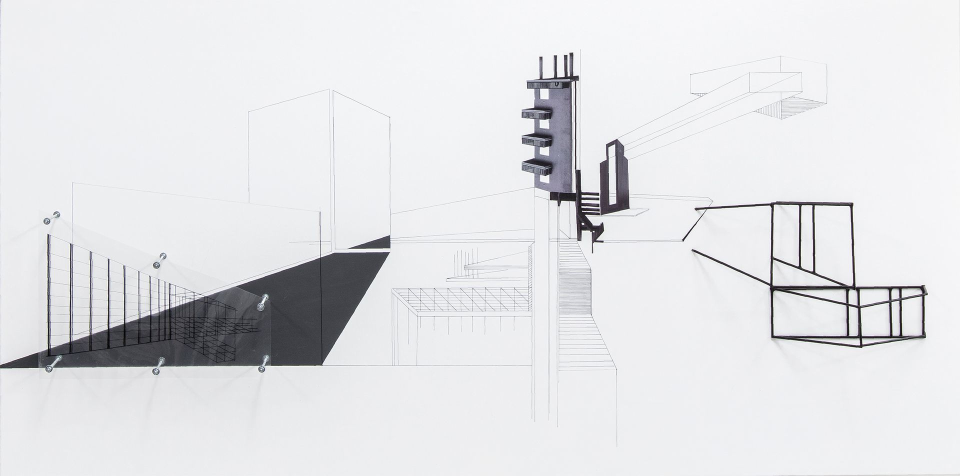Architectuurschets met een donkere, hoekige vorm, machines en omlijnde structuren op een witte achtergrond.