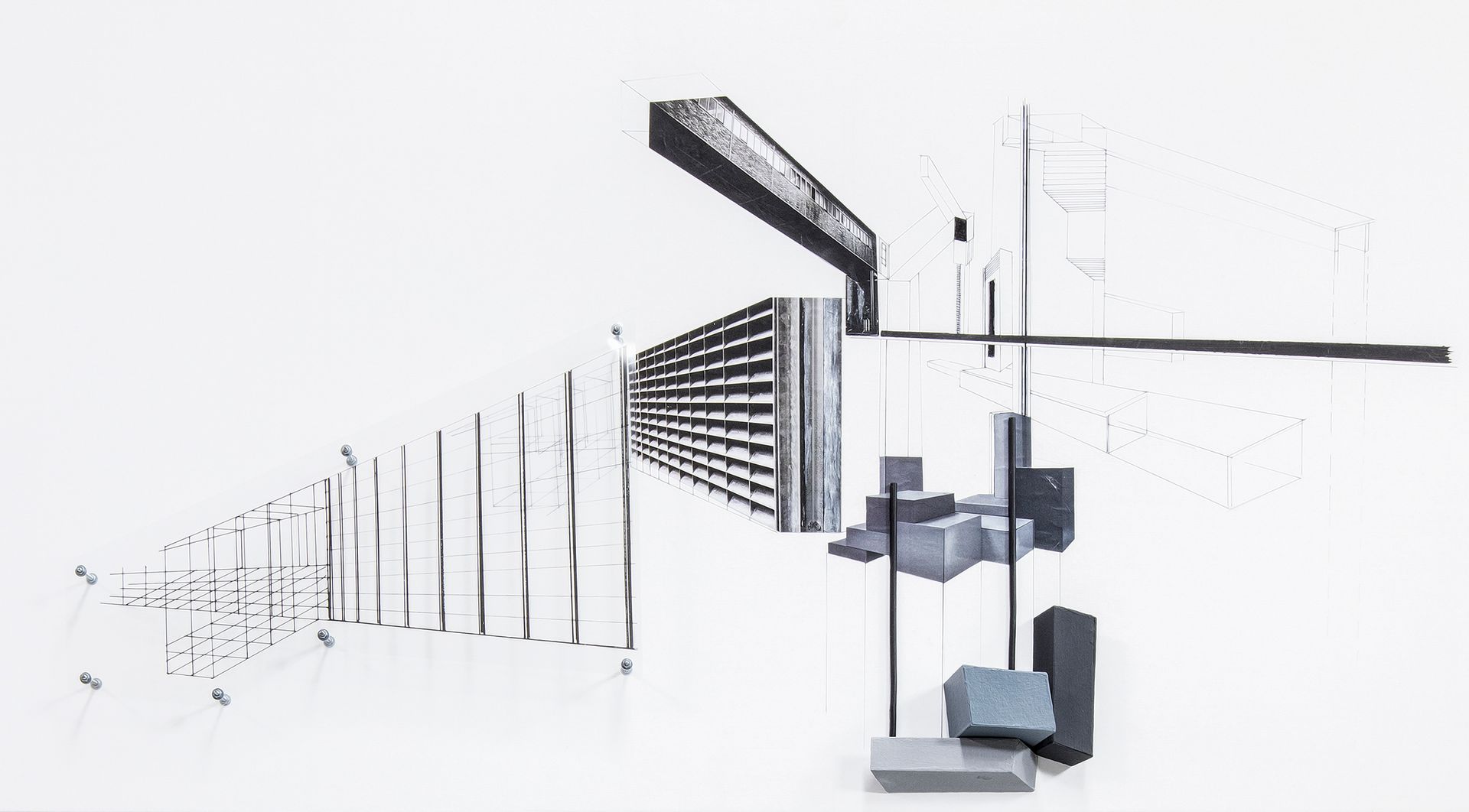 Architectuurtekening met grijze, abstracte vormen op een witte achtergrond, met lijnen en perspectief.
