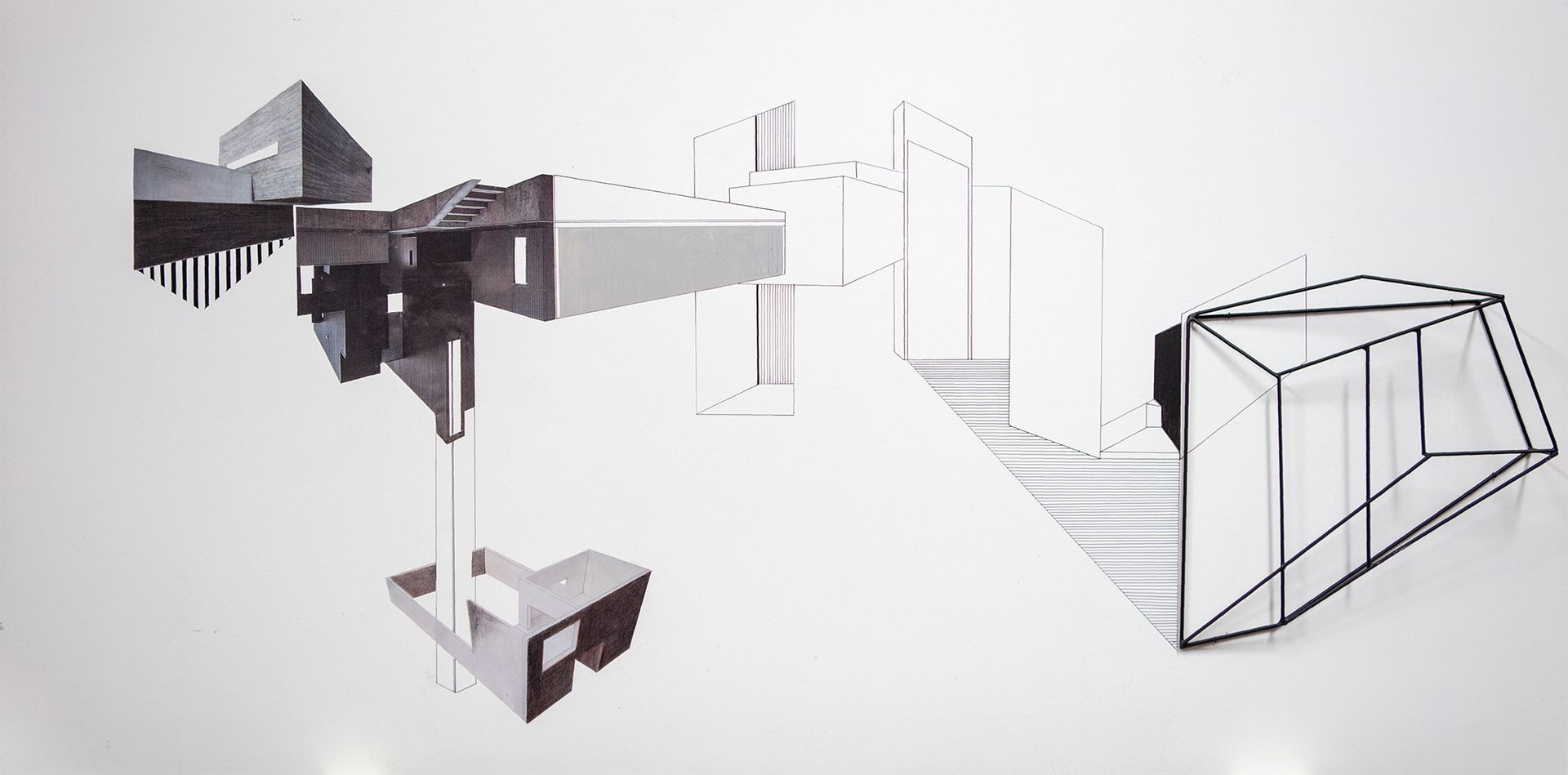 Architectonische tekening van geometrische vormen en structuren. Monochroom, met een witte achtergrond.