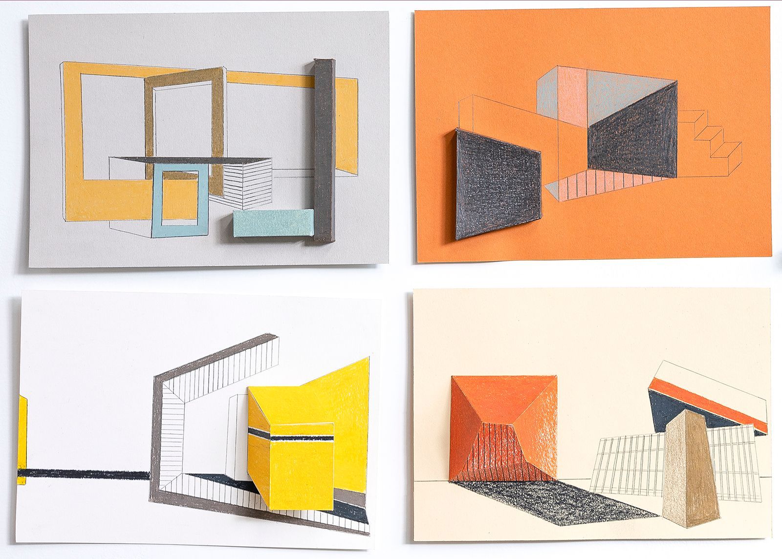 Vier abstracte collages met geometrische vormen en uiteenlopende texturen en kleuren.