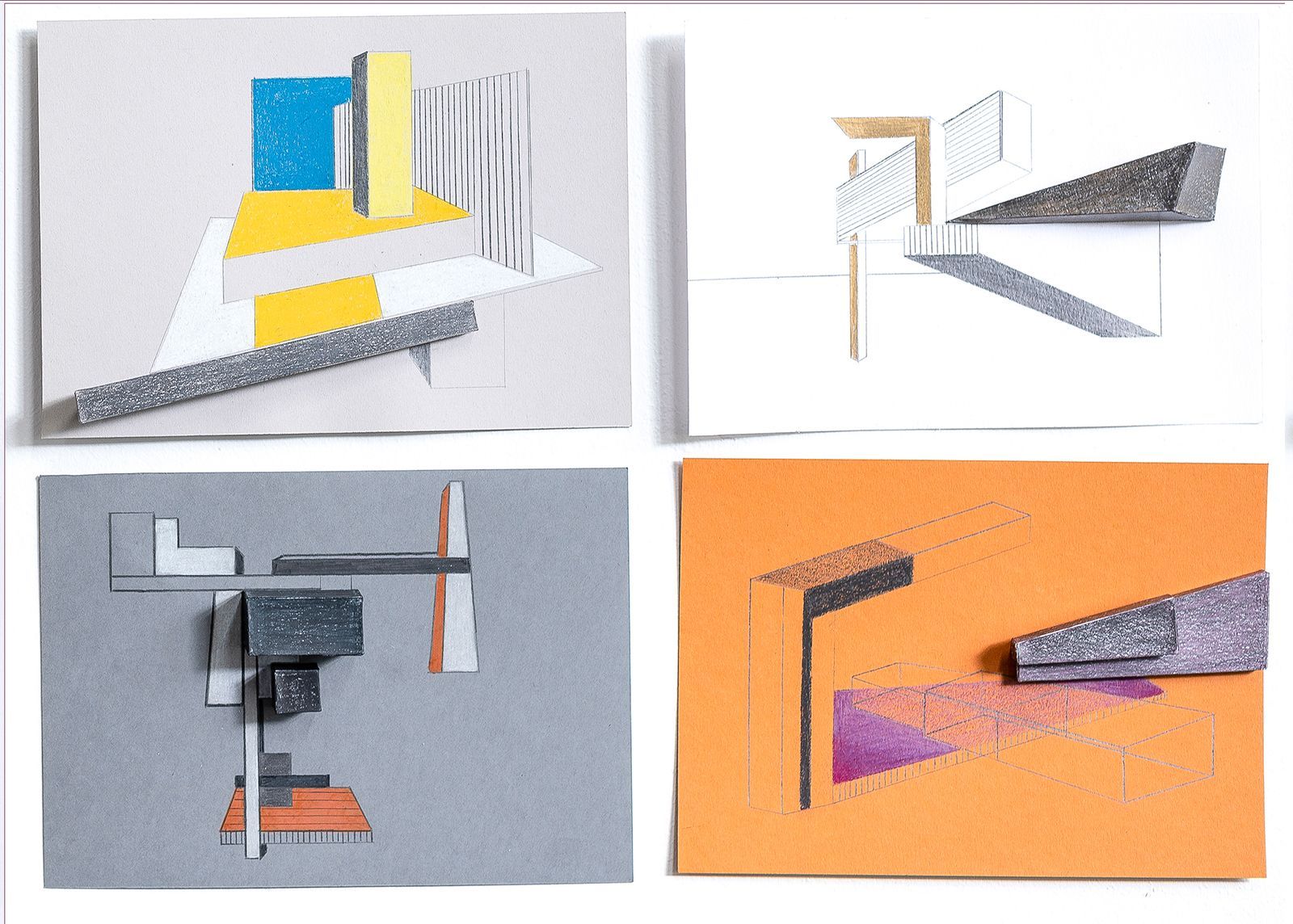Vier geometrische kunstcomposities met gekleurde vormen en architectonische elementen.
