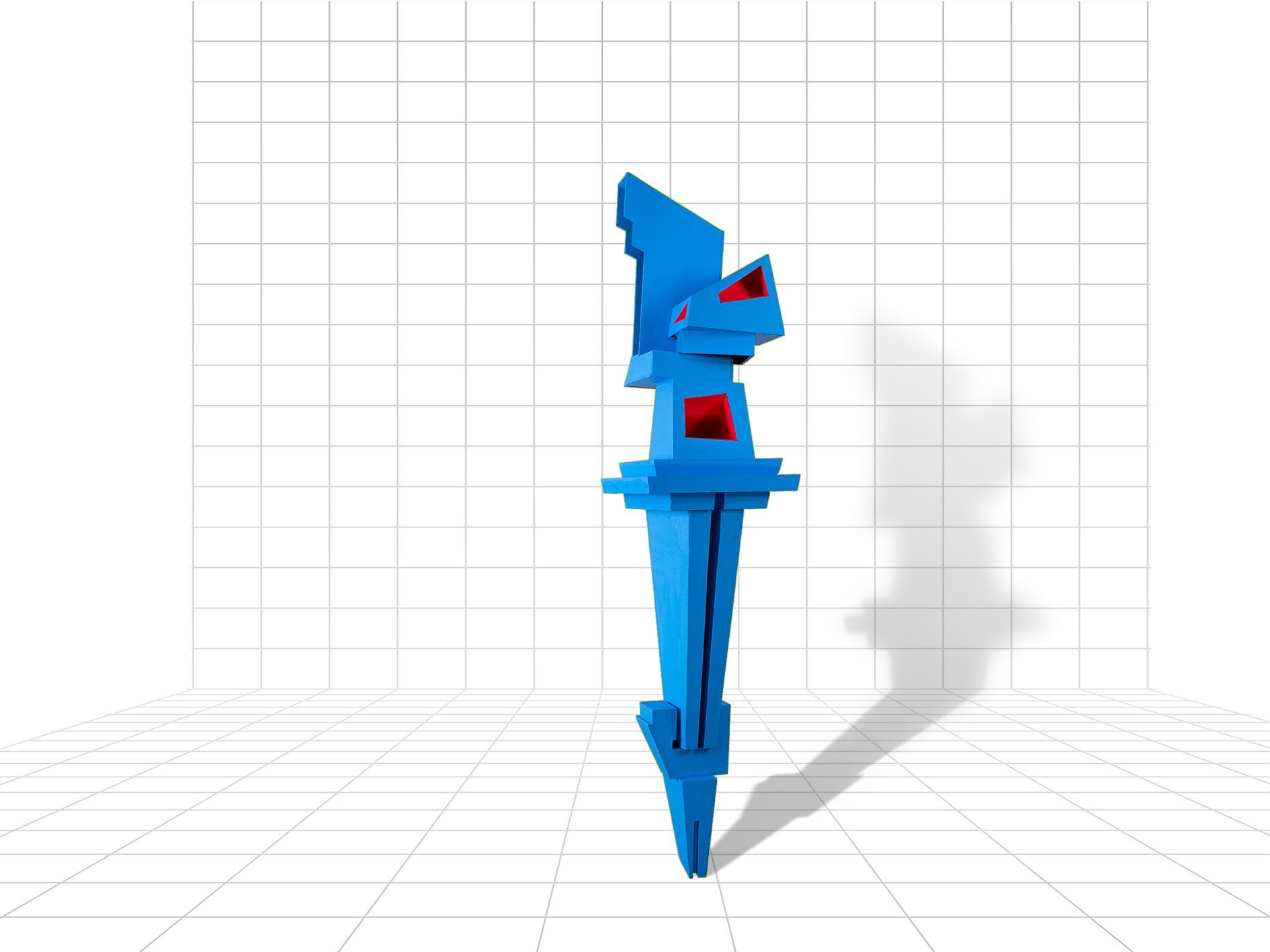 Blauwe geometrische abstracte sculptuur met rode accenten, die een schaduw werpt op een rasterachtergrond.