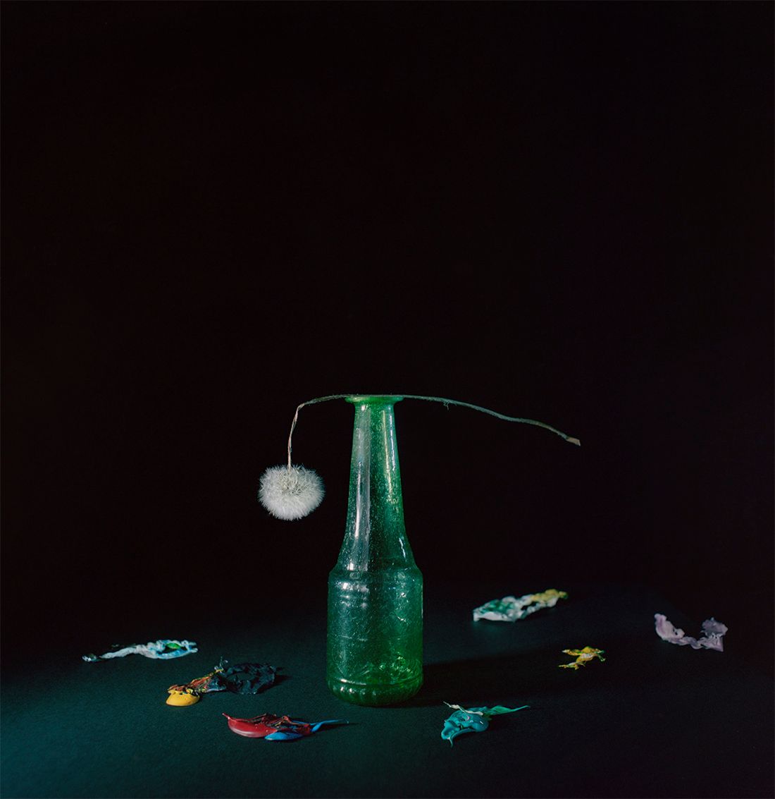 Een groene fles met een witte spons erop, omringd door kleurrijke plastic speelgoedvisjes en -kikkers tegen een donkere achtergrond.