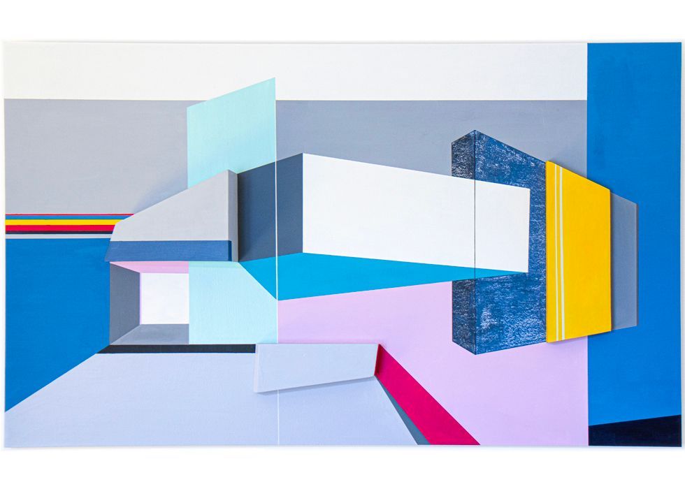 Abstract schilderij met geometrische vormen in diverse kleuren, waaronder blauw, grijs, wit en geel.